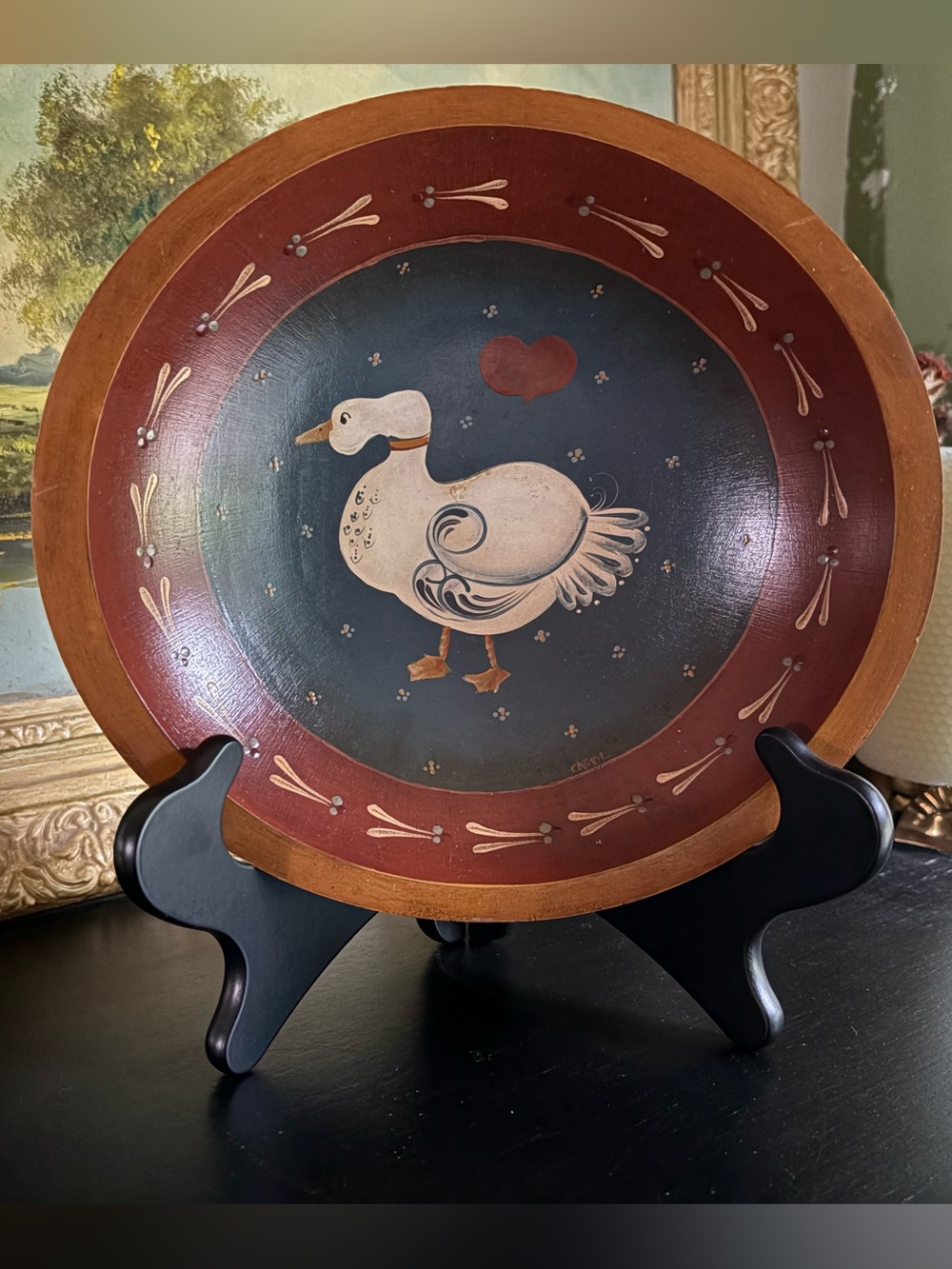 VTG Farmhouse Handpainted Solid Wood Bowl White Goose w/ Blue & Red Design